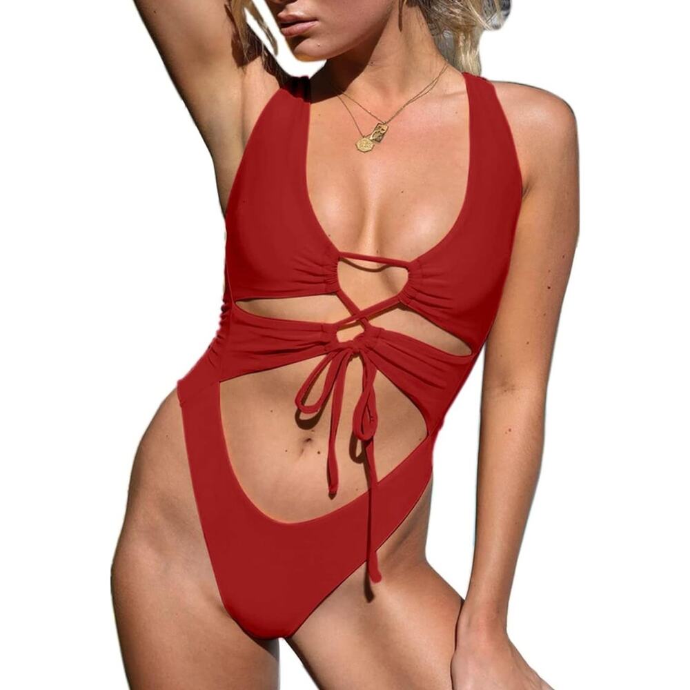 CHYRII Womens Cutout Lace Up Backless High Cut One Piece Swimsuit Monokini Small